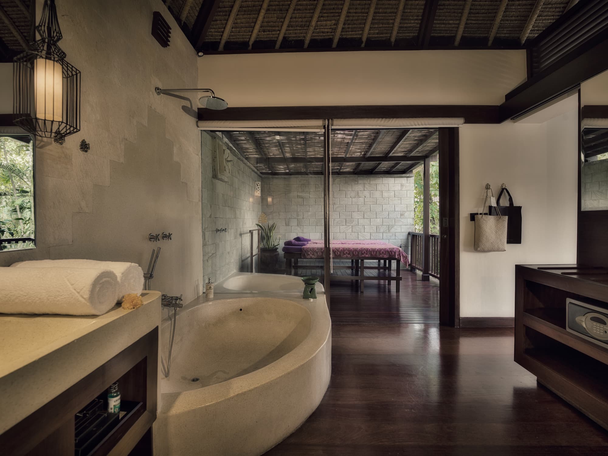 Bathroom with spa room view
