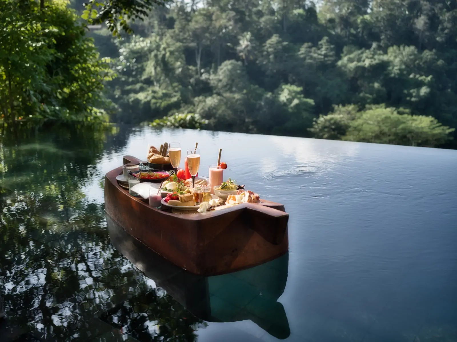 Floating breakfast in private pool villa at Hanging Gardens of Bali for couples
