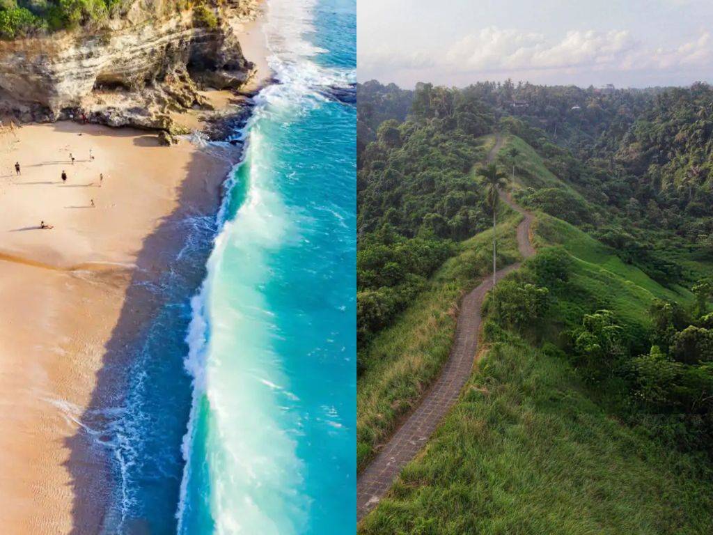 Bali beach vs Ubud jungle comparison showing coastline energy and rainforest calm