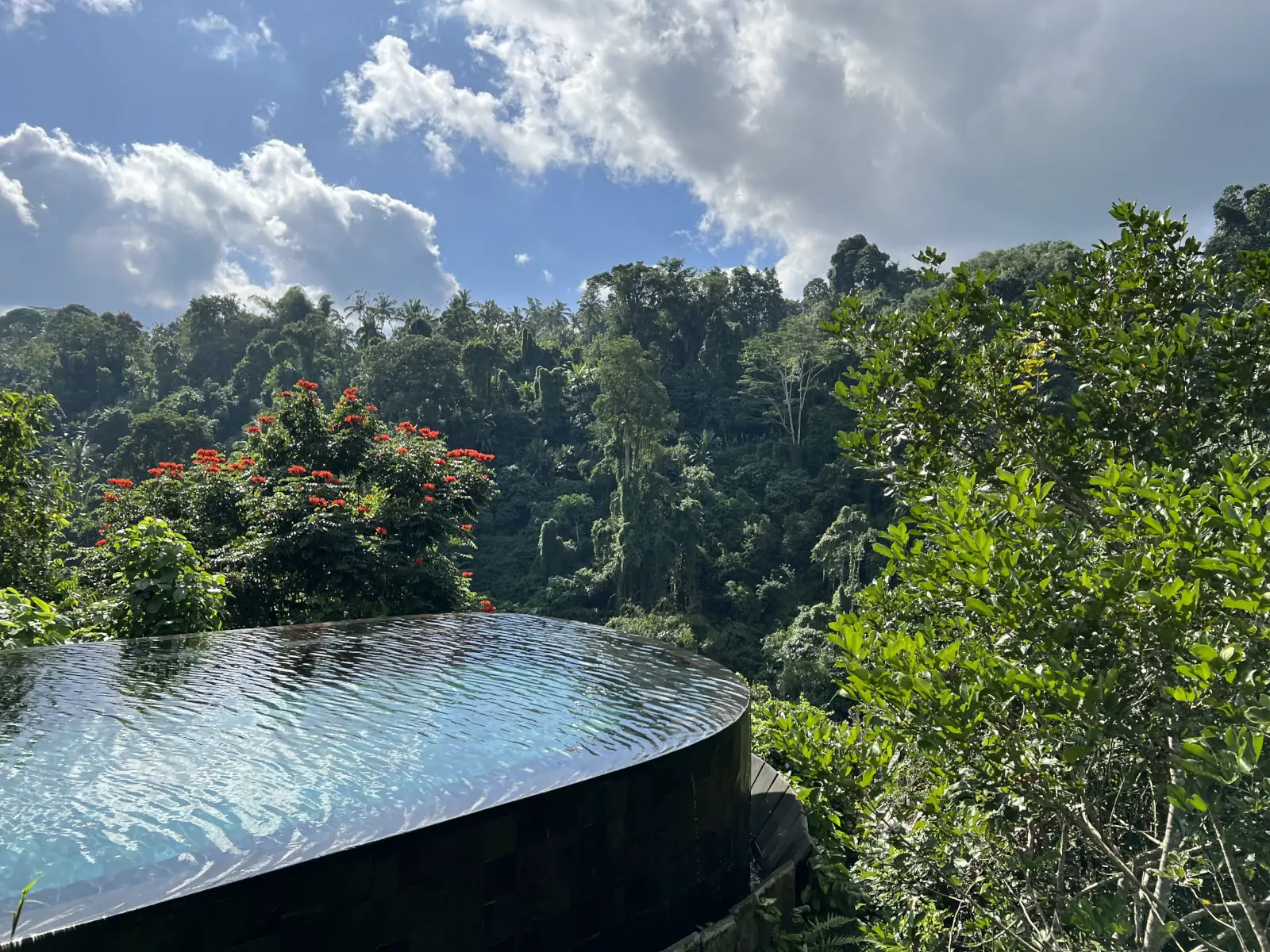 Hanging Gardens of Bali infinity pool overlooking jungle during Bali summer peak season June July August