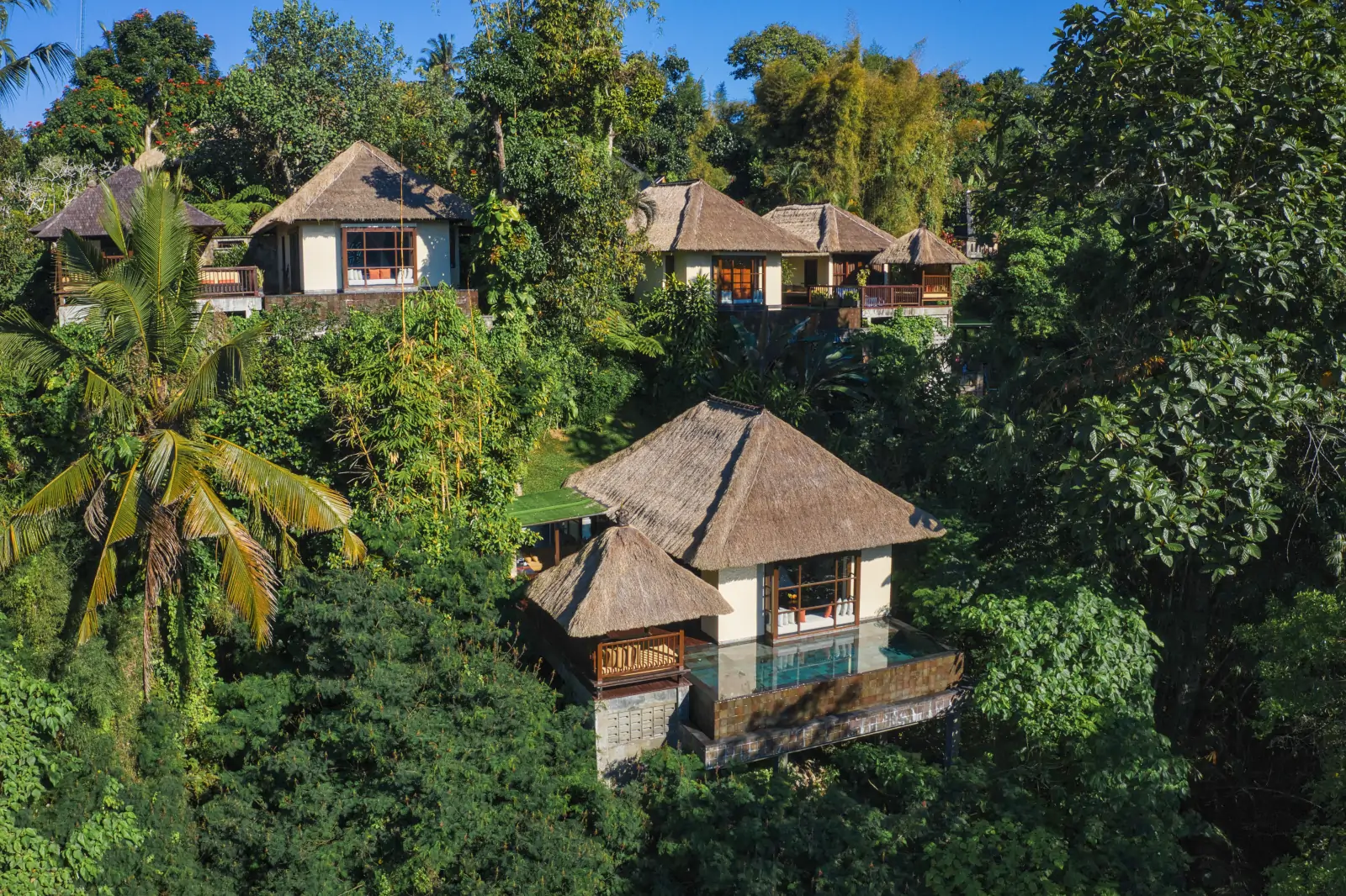 Hanging Gardens of Bali private villa infinity pool surrounded by rainforest in summer