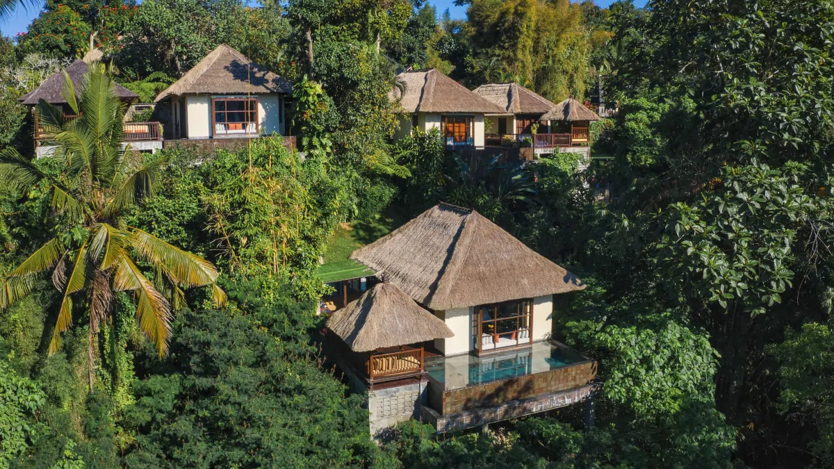 Private villa infinity pool at Hanging Gardens of Bali surrounded by rainforest in Ubud