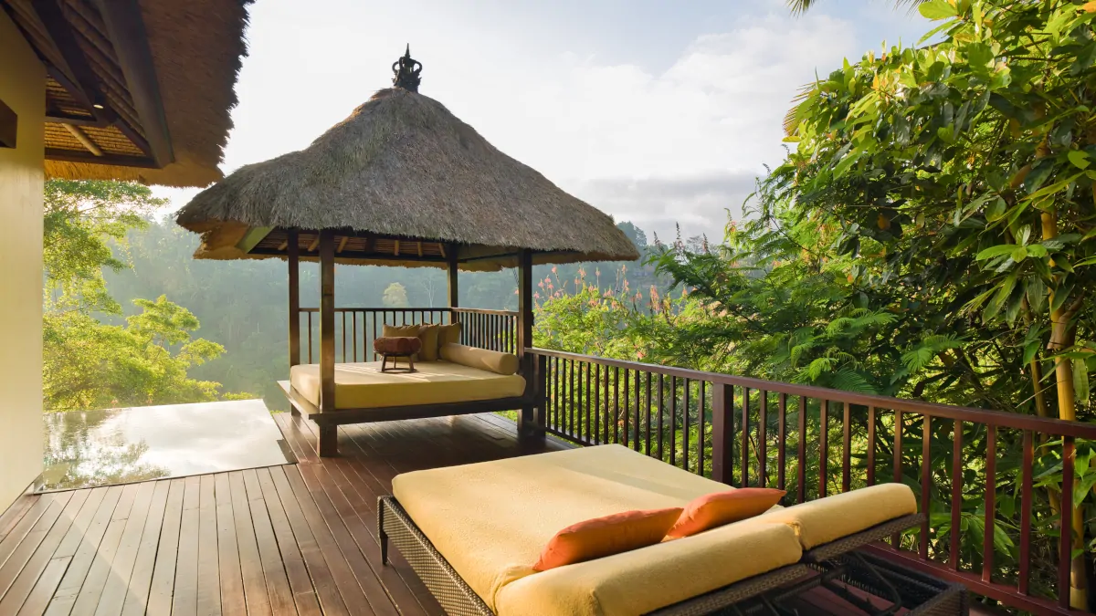 Jungle villa bedroom in Ubud with soft morning light and calm unhurried atmosphere