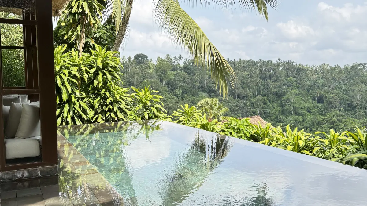 Ubud jungle valley view from luxury villa showing depth, greenery, and peaceful setting