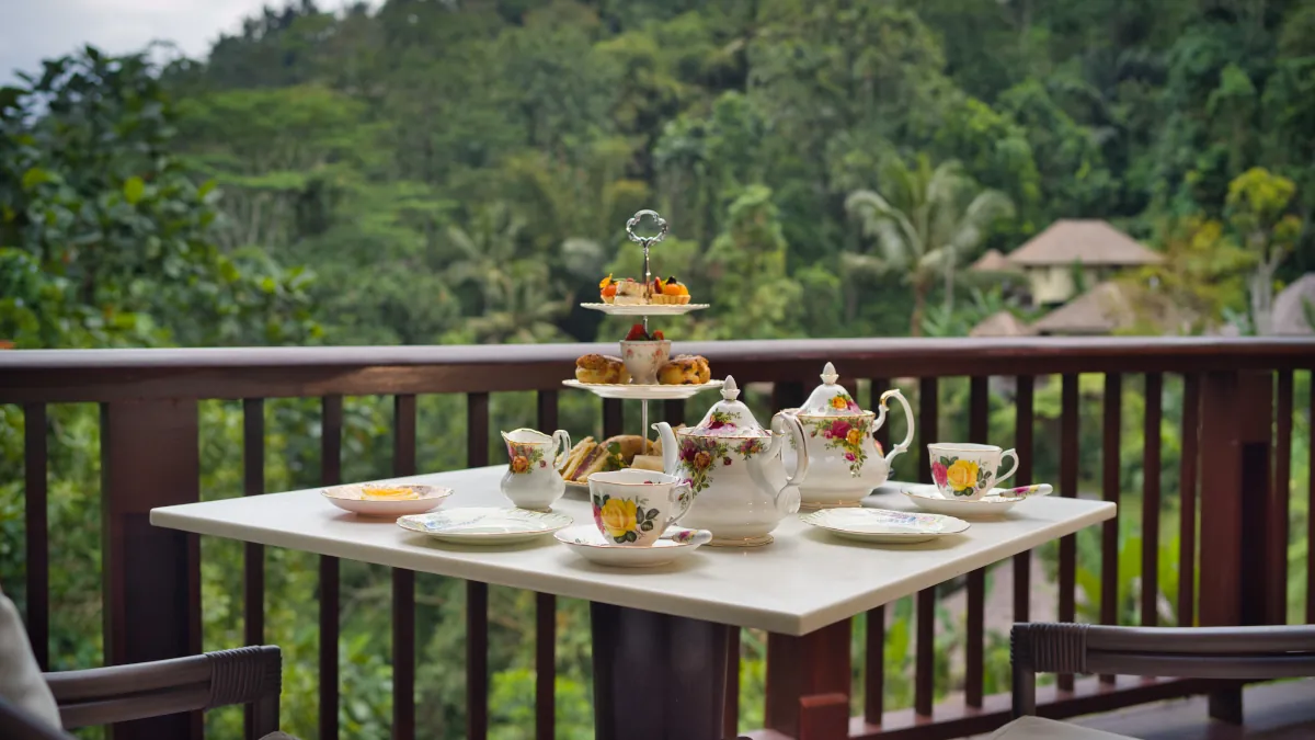 Afternoon tea overlooking the rainforest on a rainy day in Ubud