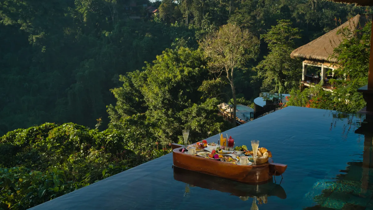 Floating breakfast at Hanging Gardens of Bali luxury resort in Ubud