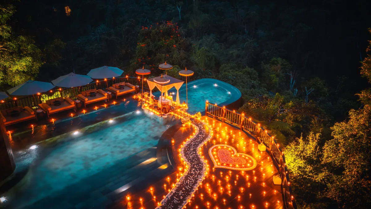 Luxury candlelit dinner overlooking the rainforest in Ubud Bali